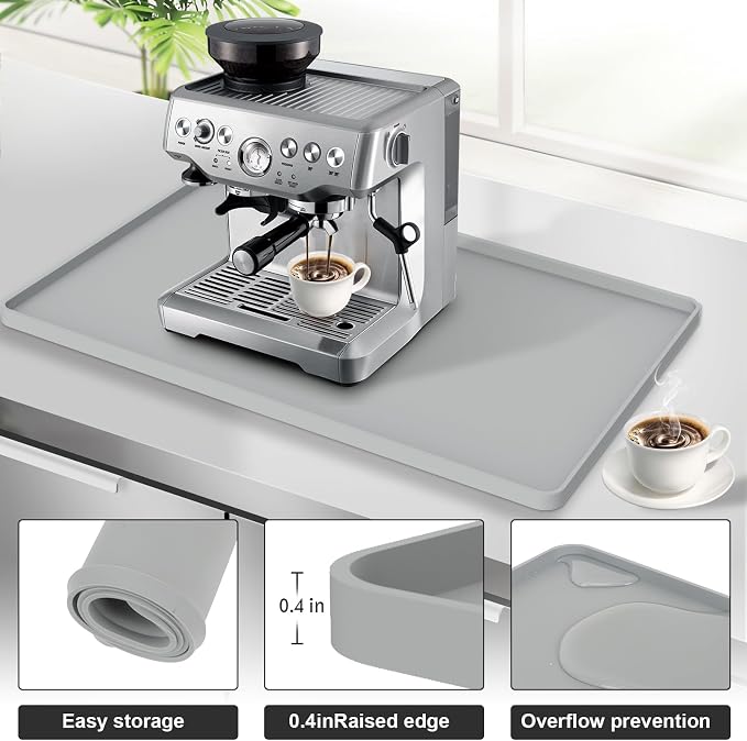Silicone Coffee Mat 24"x16", Single Piece Anti-Vibration Under Coffee Maker Mat, Non-Slip Espresso Machine Mat with 10mm Raised Edge, Noise Reduction Countertop Protector, Fits Breville Ninja Keurig - Image 4