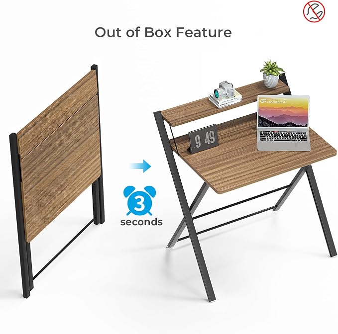 GreenForest Folding Desk No Assembly, Sturdy Computer Desk for Small Spaces | Portable Foldable Table for Laptop, 2-Tier Compact with Shelf, Space Saving for Home Office, Dorm, Apartment, 27"x 22" Walnut - Image 4