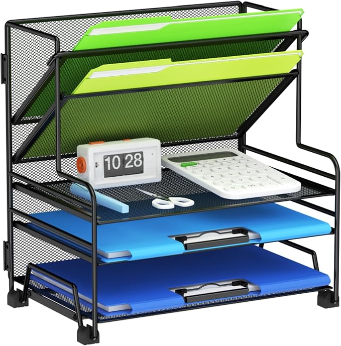 MINDEPOT 4-Tier Paper Organizer + 3-Pocket File Holder, Desktop File Organizers Paper Tray for Office School Classroom Workspace Organization (Black Desk Organizer, No Drawer & No Pen Holder) by MINDEPOT