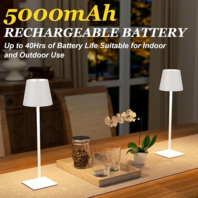 Kakanuo White Gold Cordless Rechargeable Table Lamp 5000mAh Battery Operated Lamps, 3 Colors Stepless Dimming Touch Lamp for Living Room, Kitchen Counter, Dining, Outdoor Patio, 2 Pack - Image 3