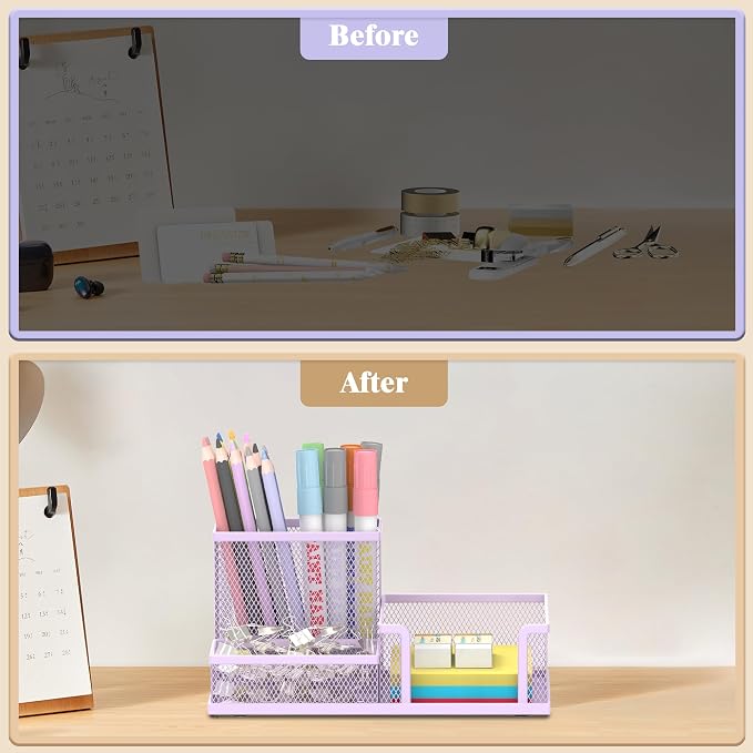 SUPEASY Mesh Pen Holder Desk Organizer, Office Supplies Pencil Storage with 3 Compartments, Office Desk Accessories and Workspace Organizers for Home School Classroom, Purple - Image 7