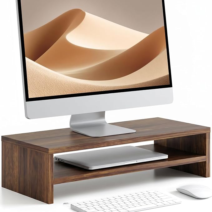 FITUEYES Monitor Stand - 2 Tier Computer Monitor Riser with 21.3 Inch Shelf, Wood Desktop Stand for Laptop Computer Screen, Desk Organization, Office Supplies by FITUEYES
