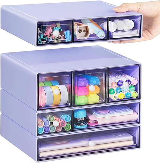 Desk Storage Organizer with 9 Drawers, 4 Tiers Stackable Desktop Craft Storage Drawers, Clear Storage Box Caddy for Stationary Makeup Jewelry Office Craft Supplies (Purple) by FODIENS