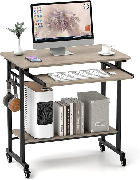 Tangkula Rolling Computer Desk Cart with Keyboard Tray, Mobile Portable Laptop PC Desk with CPU Stand & 3 Hooks for Sofa & Bed, Compact Small Desk on Wheels for Small Spaces (Grey) by TANGKULA