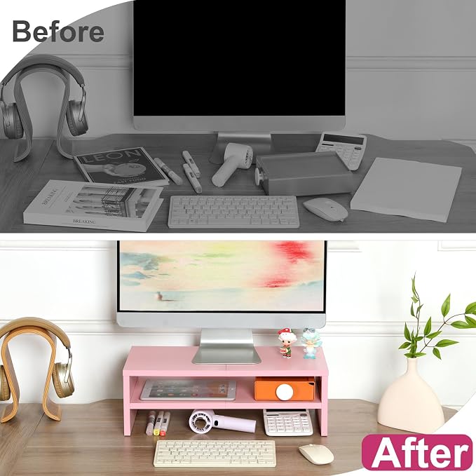 TEAMIX 2 Tiers Pink Monitor Stand Riser, Desktop Stand with Keyboard Storage Small TV Stand Laptop Wooden Desk Organizer Cute Shelf - Image 6