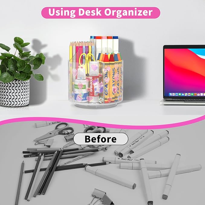 Acrylic Pencil Organizer for Desk Crayon Organizer with Adhesive Sticker | Rotating Art Supply Organizer with Kawaii Sticker, Spinning Marker Holder Organizer for Kids Small Lazy Susan with 4 Dividers - Image 6