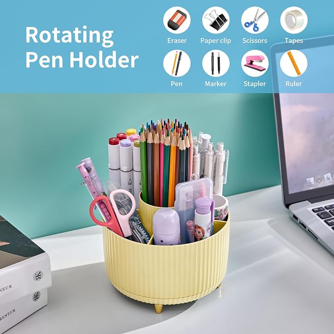 Marbrasse Desk Organizer, 360-Degree Rotating Pen Holder, Desk Organizers and Accessories with 5 Compartments Pencil Holder, Art Supply Storage Box Caddy for Office, Home (Yellow) - Image 3