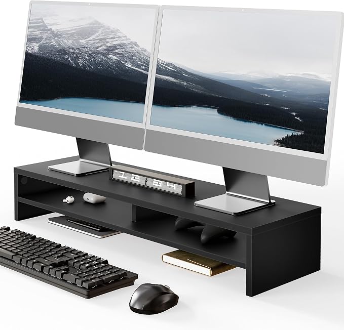 Fenge 31.5 Inch Dual Monitor Stand Riser for Desk, Black | Wooden Desk Shelf, 2-Tier Open Storage Compartment, for PC Laptop Screen Printer, Home Office Desktop Organizer by Fenge