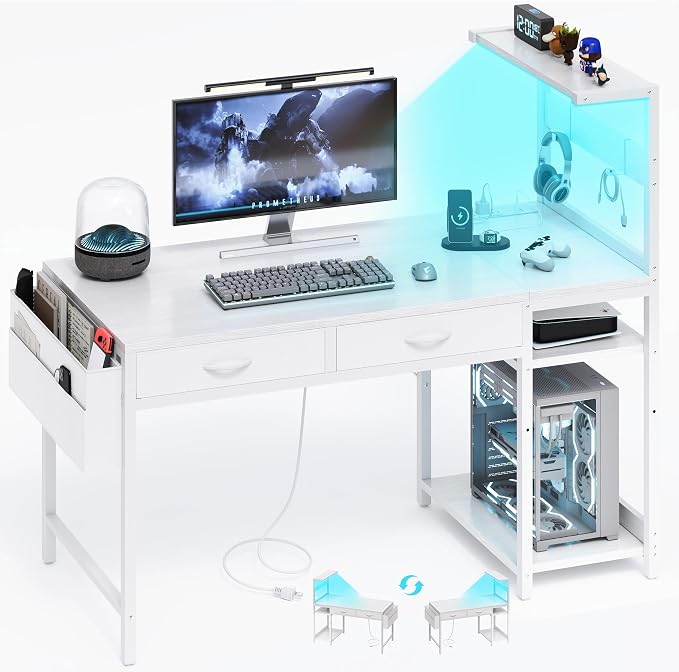 40 Inch Small Gaming Desk with Drawers & Led Lights & Storage Bag, White | Reversible Storage Shelf, Power Outlets, Wood Grain Gaming Table, Compact Computer Desk for Small Space, Bedroom, Home Office by YOUDENOVA