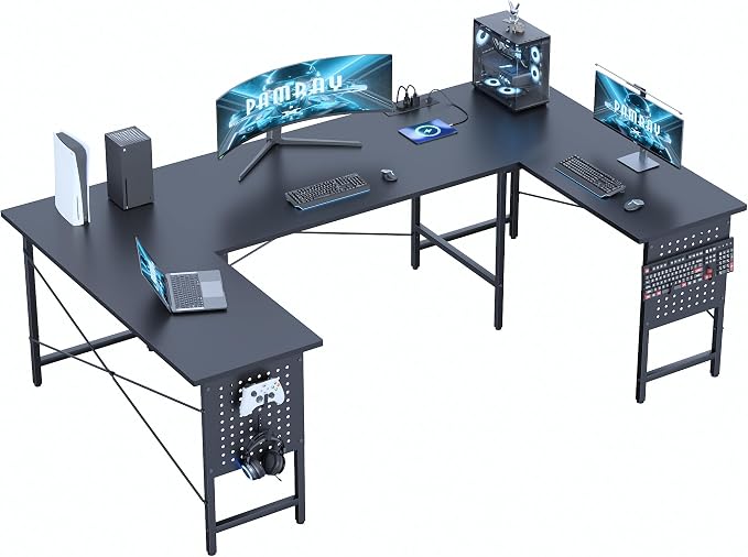 Pamray 71 Inch Large Gaming Desk with Power Outlets U Shaped Computer Desk | Spacious Workspace with USB Charging Ports & Pegboard & Headphone Hooks Suitable for PC Gaming Office Work Study and Writing by PAMRAY