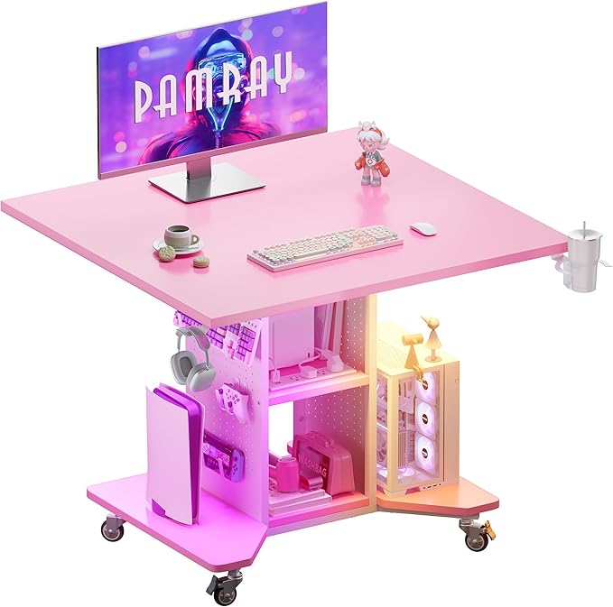 Pamray Small Gaming Desk Rolling Computer Table Pink | Movable, with Led Lights Power Outlets, with Storage Pegboard and Hook, Sturdy, Suitable for Study Gaming Bedroom Dorm by PAMRAY