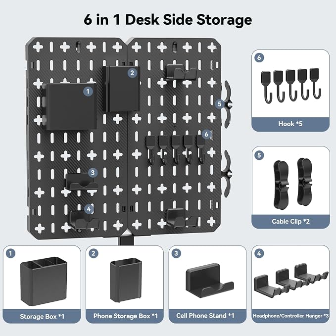 KDD 7 in 1 Clamp-on Desk Pegboard - No Drill Desk Side Storage with Phone Stand/Pen Holder/Storage Box/Headset & Controller Holder/Hooks, Detachable Gaming Pegboard for Office & Home Desktop Organizer - Image 3