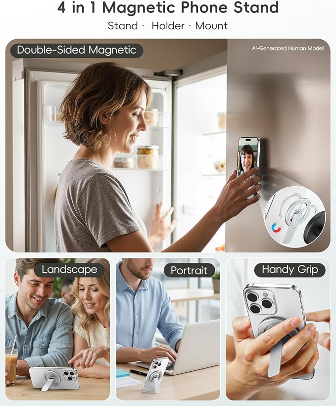 Double-Sided Magnetic Phone Stand Grip, Strong Magnetic Kickstand Desk Holder for Mag&Safe and Smartphone, Foldable Adjustable Design, Silver - Image 3