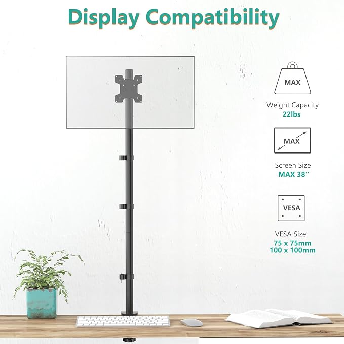 WALI Single Monitor Stand Desk Mount, Tall Monitor Stand Fully Adjustable with 39” Height Pole, Articulating Arm for Computer Screen up to 38 inch, 22lbs (M001XXL), Black - Image 2
