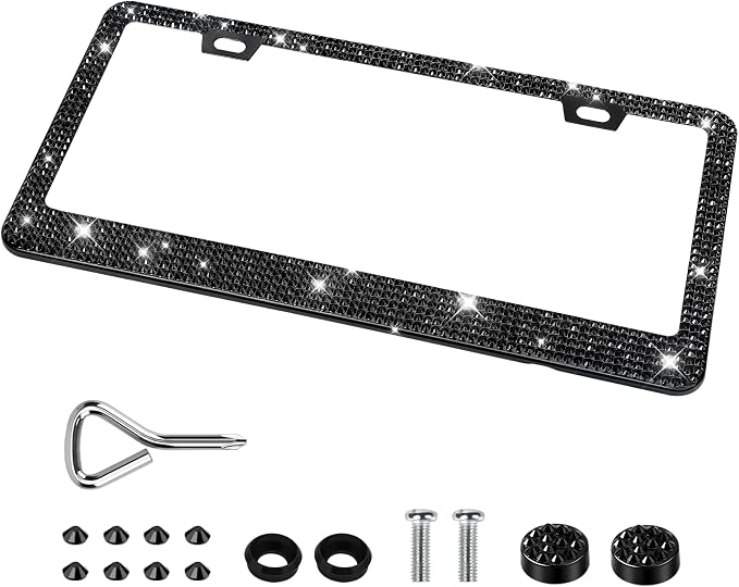 QUANQIUFEI Bling License Plate Frames for Women, Sparkly Rhinestone Diamond Car Accessories with Glitter Crystal Caps (1 Pack Black) by QUANQIUFEI