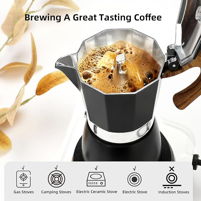 Mongdio Stovetop Espresso Maker Moka Pot, Cuban Coffee Maker Stove top coffee maker Moka Italian Espresso Greca Coffee Maker Brewer Percolator, 12 Espresso Cups, 20 oz - Black - Image 6