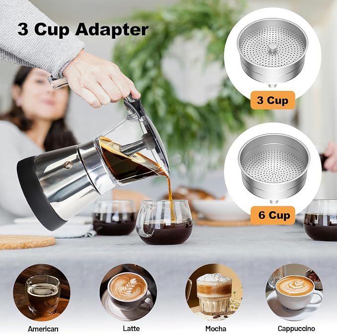 Electric Plastic Clear Moka Pot 3-6 Cup 150-300ml Mocha Pot | Stainless Steel Espresso Maker with Detachable Base Ideal Coffee Maker for Home Italian and Cuban Café Coffeemaker Black - Image 5