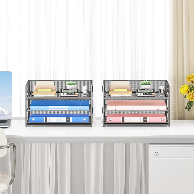 Subekyu 2-Pack 3-Tier Gray Metal Mesh Desk Paper Letter Tray & File Sorter Organizer with Handle + 1 Sliding Tray for Desk, Home, Office, School Supplies, A4 Paper and Accessories Storage - Image 6