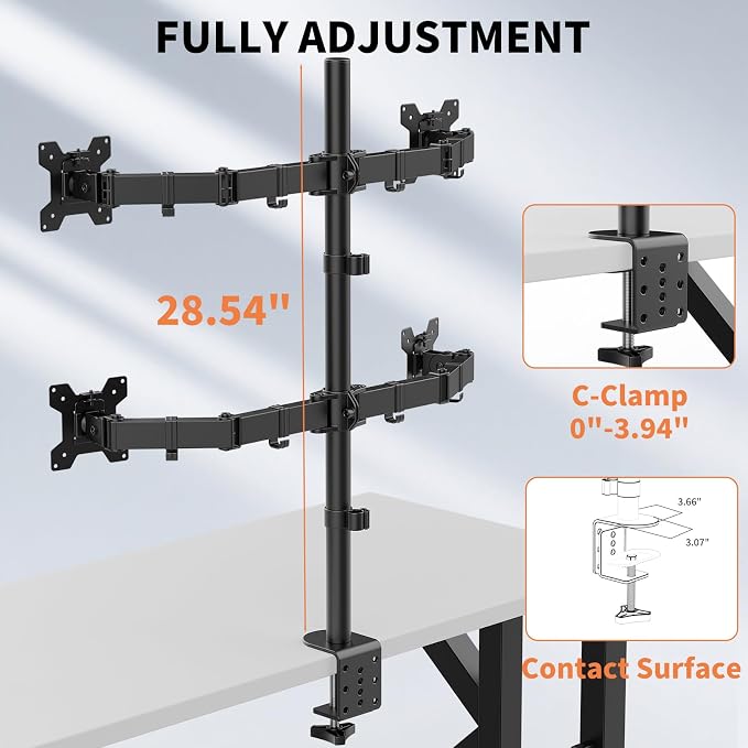 Black Quad Monitor Arm Mount for 13-27 Inch Screens | Ultrawide Screens Up to 34 inch Fully Adjustable Stand with C-Clamp/Grommet Base Max VESA 100x100 Each Screen Capacity 22lbs - Image 4