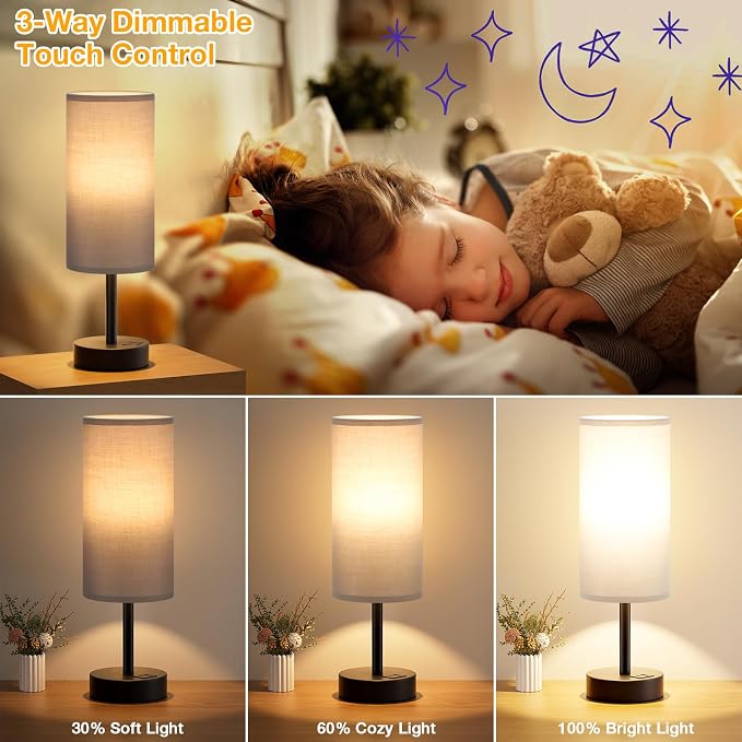 Dicoool Bedside Table Lamp for Bedroom - 3-Way Dimmable Touch Lamp, USB A+C | LED Bulb Included, 14" Small Nightstand Lamp for Desk, Living Room, Guest Room, Grey Fabric Lampshade, Black Metal Base - Image 3