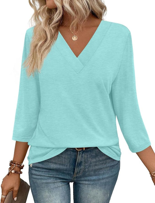 WIHOLL Womens Tops 3/4 Length Sleeve V Neck Casual Tunic Tops Basic Shirts Loose Fit Blouse by WIHOLL