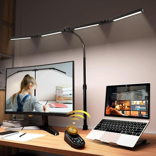 Adjustable LED Desk Lamp with Clamp, 4-Head Eye-Caring CRI95+ Desk Light, Stepless Dimming & Color Temp Remote Control, Flexible Neck, 5-Mode for Reading, Computer, Crafting, 90" Wide Desk Coverage by SANDROYVOLT