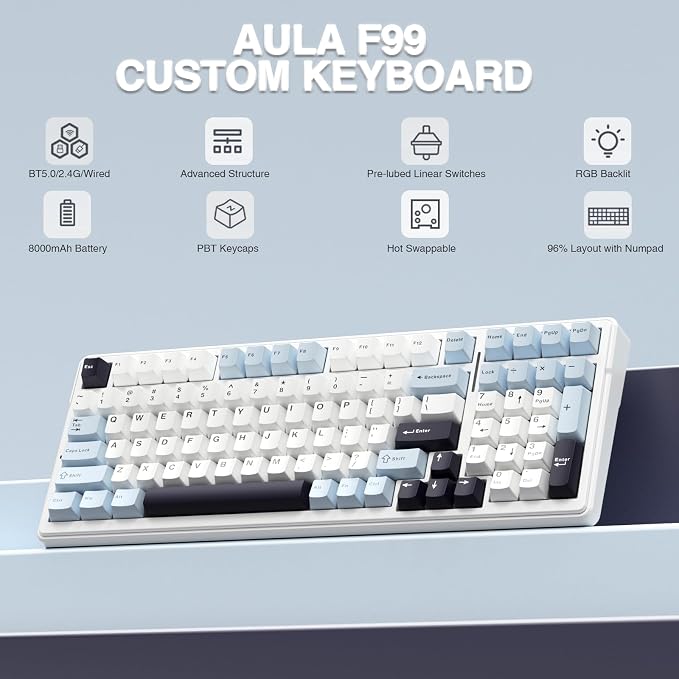 AULA F99 Wireless Mechanical Keyboard, Hot Swappable Custom Keyboard,Pre-lubed Linear Switches,Gasket Structure,RGB Backlit Gaming Keyboard (Blue&White) - Image 2