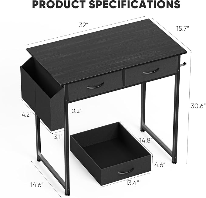 DUMOS 32" Home Office Computer Desk with Drawers, Small Gaming Writing Study Table with Storage Side Bag, Headphone Hook and Adjustable Feet for Bedroom Black | Home Office Desk for Bedroom, Gaming Writing Study Desk with Adjustable Feet - Image 3