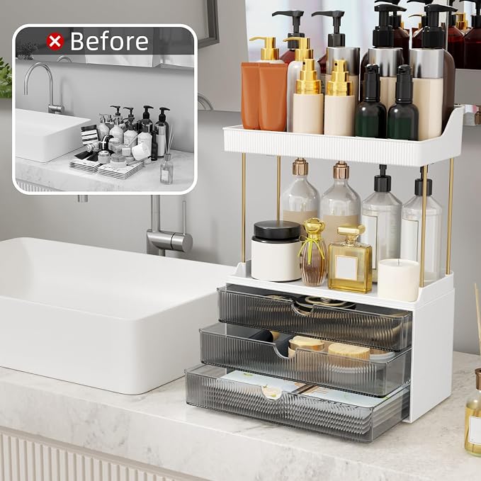StorBin Arcylic 5-Tier Makeup & Skincare Organizer for Vanity, Bath | Smooth 3 drawers, clear body, gold frame, non-slip, for perfumes, serums, face masks, palettes, vanity & bath counter,Grey - Image 3
