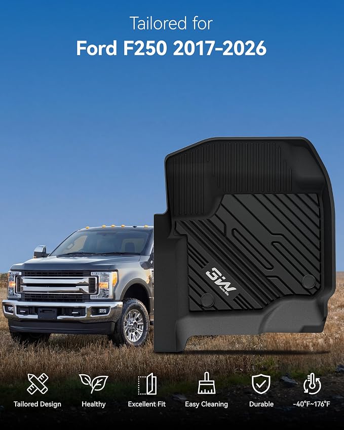 3W Floor Mats Fit for Ford F250 F350 F450 F550 2017-2025 2026 Super Duty Crew Cab with Under Seat Storage, All Weather TPE Custom Fit F 250 Floor Liner(Not for Vinyl Floor), Front Row,2-pc Black - Image 2