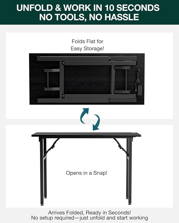 Frylr Small Folding Computer Desk – 43.3 Inch Portable Table for Craft and Study, Lightweight Desk for Small Spaces, Foldable Laptop Table Built-in AC/USB Outlets for Convenience, Dark Oak - Image 3