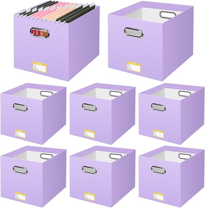 BALEINE File Organizer Box, Cardboard File Folder Organizer with Handle for Letter Size, Portable Collapsible Hanging Filing Box for Home Office Document Storage (8 Pack, Large Lavender) by BALEINE