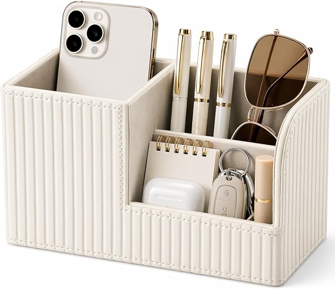 KINGFOM Desk Pen Organizer Office Supplies Caddy Pu Leather Multi-function Storage Box Pen/Pencil,Cell phone, Business Name Cards Remote Control Holder (Ivory White) by KingfomLeatherHomeOfficeDecor