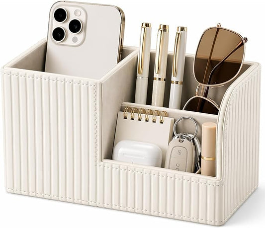KINGFOM Desk Pen Organizer Office Supplies Caddy Pu Leather Multi-function Storage Box Pen/Pencil,Cell phone, Business Name Cards Remote Control Holder (Ivory White) by KingfomLeatherHomeOfficeDecor