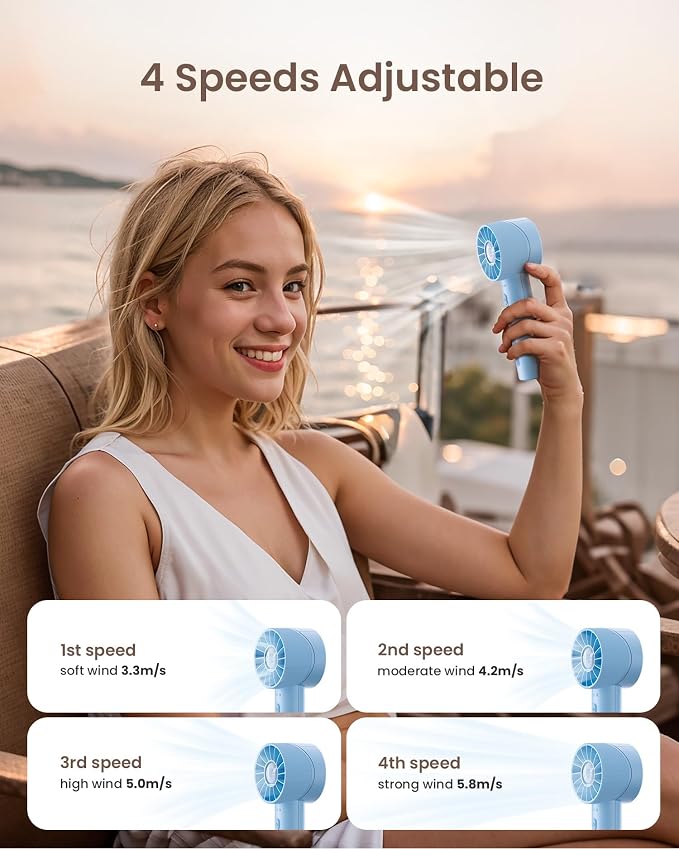 Portable Mini Handheld Turbo 4 Speed High Velocity Personal Fan, Max 16H Cooling Time, Rechargeable Purse Fan, Travel Essentials Must Haves for Vacation/Beach/Trip, Light Blue - Image 5