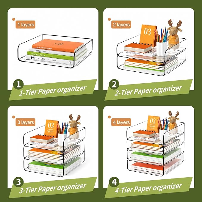 FANXIYQ 4-Tier Acrylic Paper Tray Organizer, Clear Stackable Desk File Organizer for Documents, Files, Letters, A4 Paper, Books, Notes, Mail & Paper Storage, Office Classroom Home - Image 3