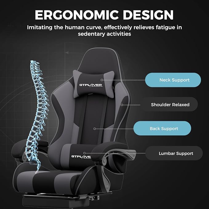 GTPLAYER Gaming Chair, Computer Chair with Footrest and Lumbar Support, Height Adjustable Game Chair with 360°-Swivel Seat and Headrest and for Office or Gaming (Darkgray, Fabric) - Image 6