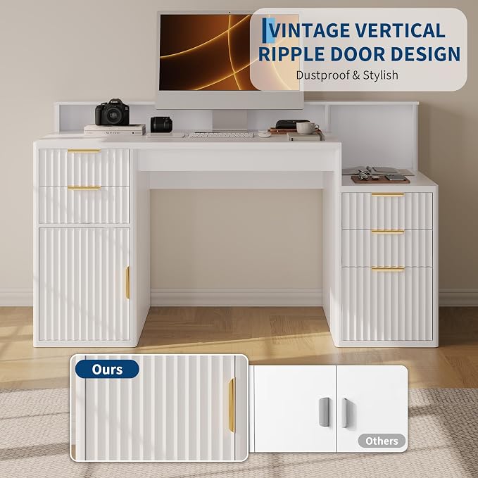 Garvee Rectangular Computer Desk with Hutch & Printer Stand, Ripple Door Storage Home Office Desk, Space-Saving Study Writing Desk for Bedroom, Sturdy Board Student Desk with Easy Assembly, White - Image 6