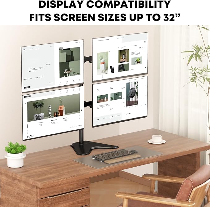 PUTORSEN Quad Monitor Stand for 4 Screens, 17-32", 19.8 lbs Each | Stacked 4-Screen Desk Mount with Full-Motion Arms, VESA 75/100, Tilt, Swivel & Rotation, Larger Base with Phone Slot, Black - Image 2