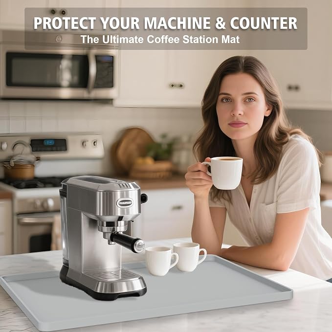 Silicone Coffee Mat 24"x16", Single Piece Anti-Vibration Under Coffee Maker Mat, Non-Slip Espresso Machine Mat with 10mm Raised Edge, Noise Reduction Countertop Protector, Fits Breville Ninja Keurig - Image 7