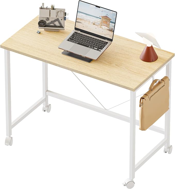 Mericonia 32x16 Inch Computer Desk with Wheels, Small Simple Rolling Desk | Writing Table for Home Office Bedroom Work Study, Oak by MERICONIA