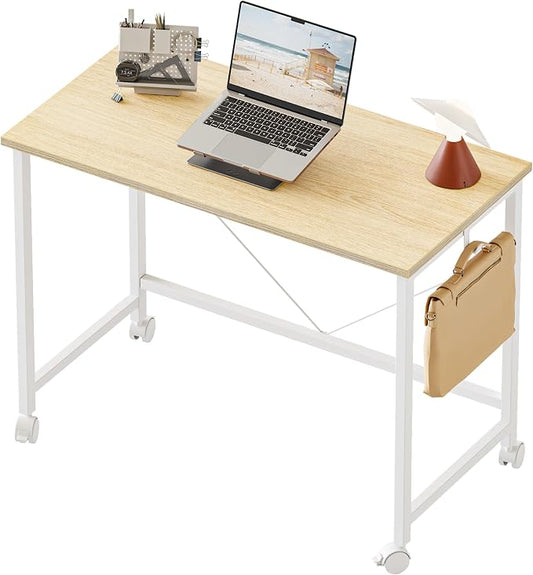 Mericonia 32x16 Inch Computer Desk with Wheels, Small Simple Rolling Desk | Writing Table for Home Office Bedroom Work Study, Oak by MERICONIA