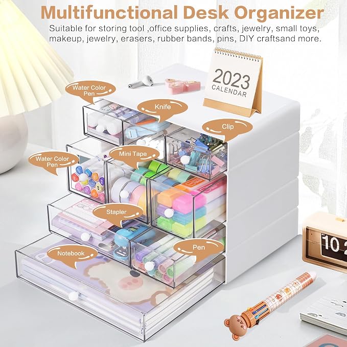 Desk Storage Organizer with 9 Drawers, 4 Tiers Stackable Desktop Craft Storage Drawers, Clear Storage Box Caddy for Stationary Makeup Jewelry Office Craft Supplies (White) - Image 5