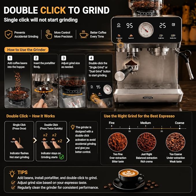 Espresso Machine with Grinder, 20-Bar Programmable Semi-Automatic Coffee Maker, Visual Pressure Gauge & Touchscreen, Compact Design with Tamper, Make Americano, Latte, Cold Brew, Silver - Image 3