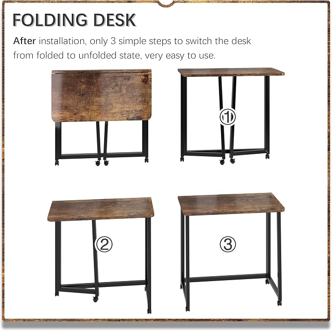 4NM 23.6" Mobile Small Folding Desk, Foldable Rolling Computer Home Office Desk, Study Writing Table for Small Space Saving Bedroom, with Wheels - Rustic Brown and Black - Image 6