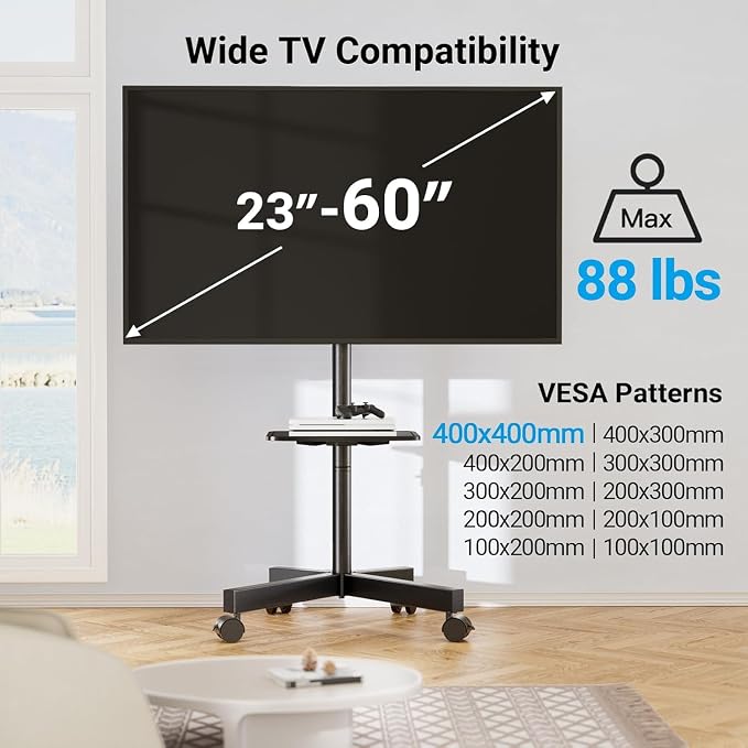 PERLESMITH Rolling TV Stand, Mobile TV Stand for 23-60 Inch LCD LED TVs, Tilt TV Stand Wheels Holds up to 88Lbs, Portable TV Stand for Bedroom with Shelf, Outdoor TV Stand Max VESA 400x400mm PSTVMC06 - Image 5