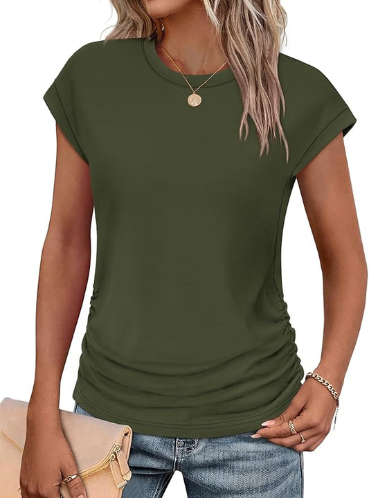 Sampeel Womens Summer Tops Trendy 2026 Ruched Cap Short Sleeve Tshirts Shirts Crew Neck T Shirts Fashion by SAMPEEL