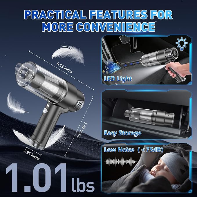 KMM Handheld Car Vacuum Cleaner, 10000PA Vacuum Cleaner & Air Duster, 120W High Power Hand Held Vacuum Cordless, Portable Vacuum Rechargeable with Multi-Nozzles & LED Light for Car, Home, Pet, Office - Image 7