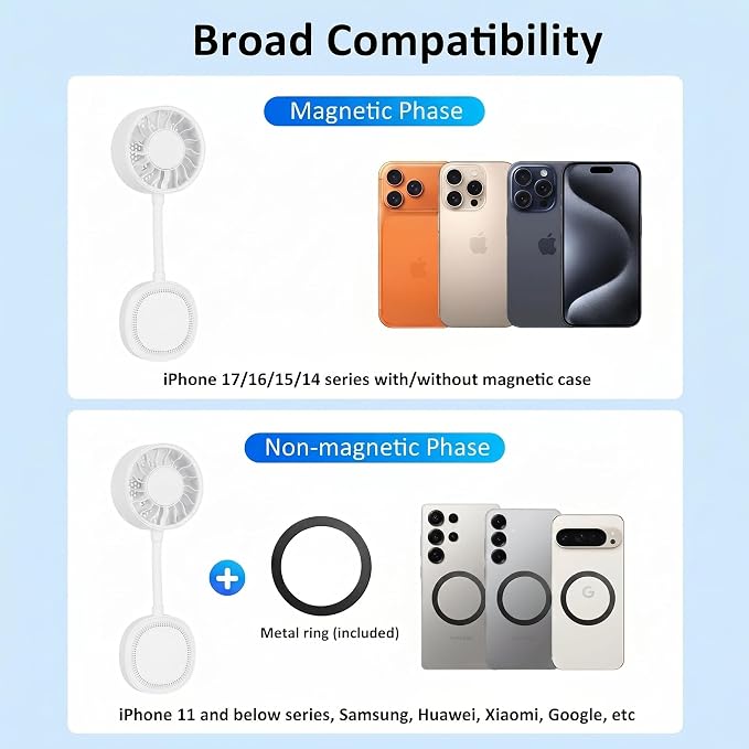 Magnetic Phone Fan, Small Portable Fan & Phone Stand with 360° Flexible Gooseneck, 3 Speeds, Wide Airflow, Rechargeable, Pocket Size for Women, Travel, Beach, Summer Cooling, Makeup Use, White - Image 8