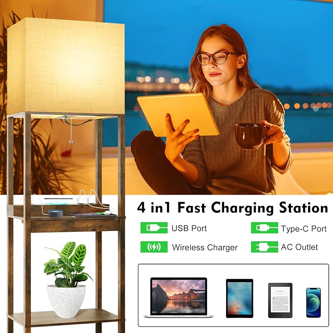 RUNTOP Floor Lamp with Shelves, Plus Shelf Lamp with Wireless Charger, 2 USB Port and Outlet, 1 Drawer, 15W LED Bulb, 3 Colors, Memory Function, Floor Lamps for Living Room, Standing Lamp for Bedroom - Image 2